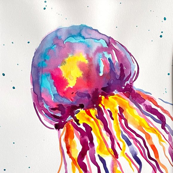 Colorful Jelly 3 -Original Wall Art Watercolor Painting Matted Frame Ready 11x14 - Picture 1 of 7